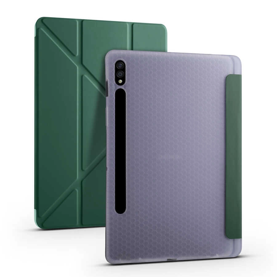 Galaxy Uyumlu Tab S7 T870 Kılıf Zore Tri Folding Kalem Bölmeli Standlı Kılıf-Koyu yeşil