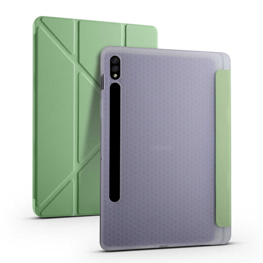 Galaxy Uyumlu Tab S7 T870 Kılıf Zore Tri Folding Kalem Bölmeli Standlı Kılıf-Açık yeşil