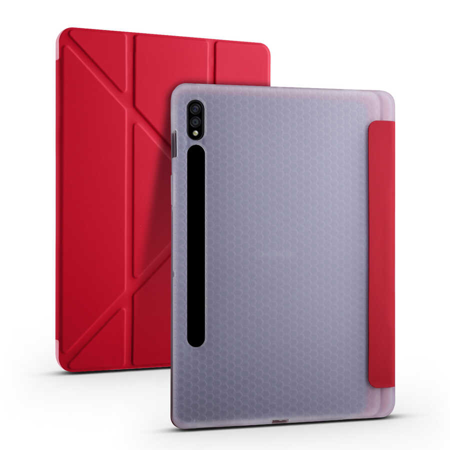 Galaxy Uyumlu Tab S7 T870 Kılıf Zore Tri Folding Kalem Bölmeli Standlı Kılıf-Kırmızı
