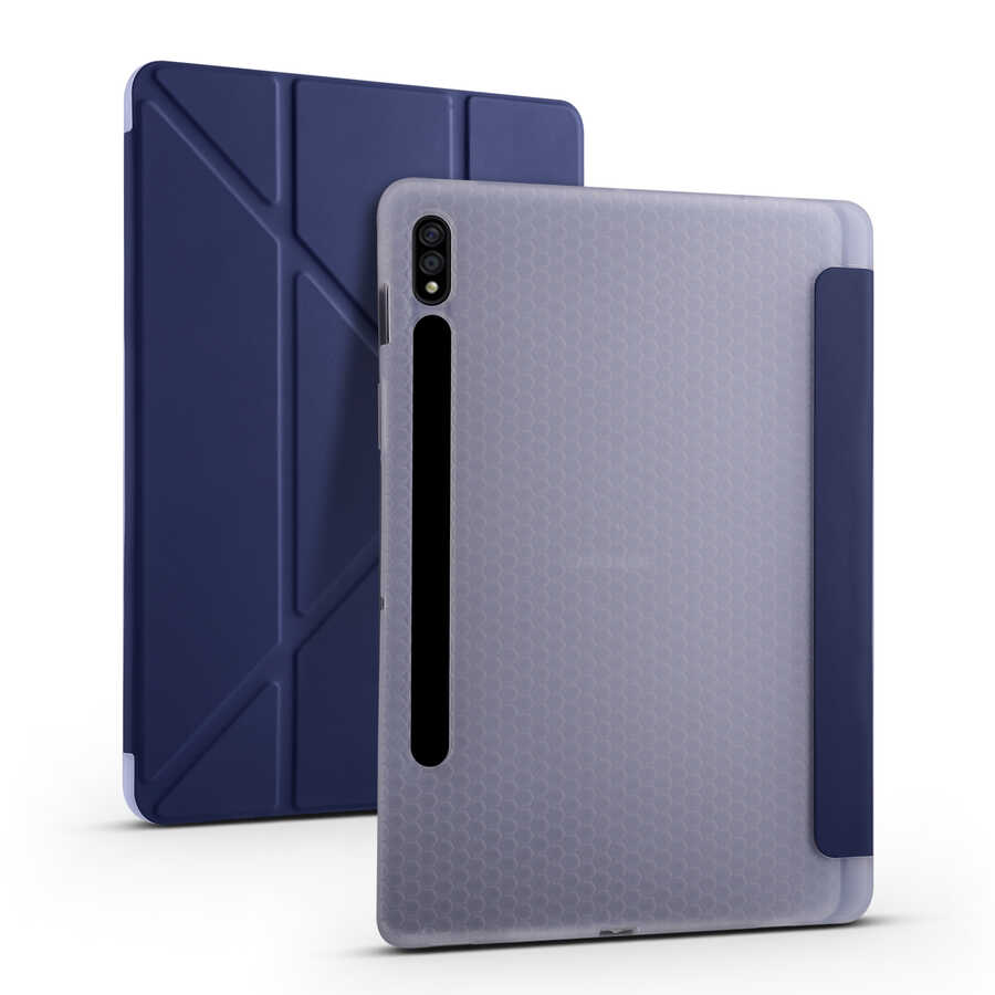 Galaxy Uyumlu Tab S7 T870 Kılıf Zore Tri Folding Kalem Bölmeli Standlı Kılıf-Lacivert