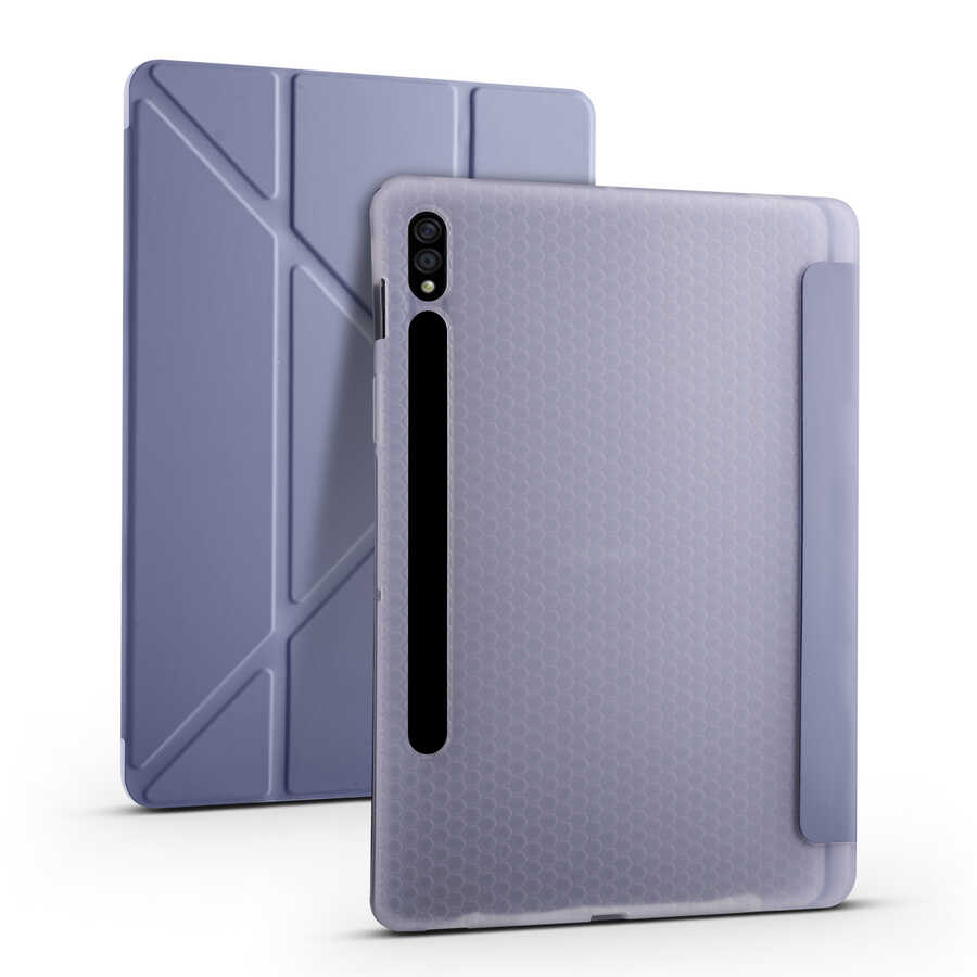 Galaxy Uyumlu Tab S7 T870 Kılıf Zore Tri Folding Kalem Bölmeli Standlı Kılıf-Mor