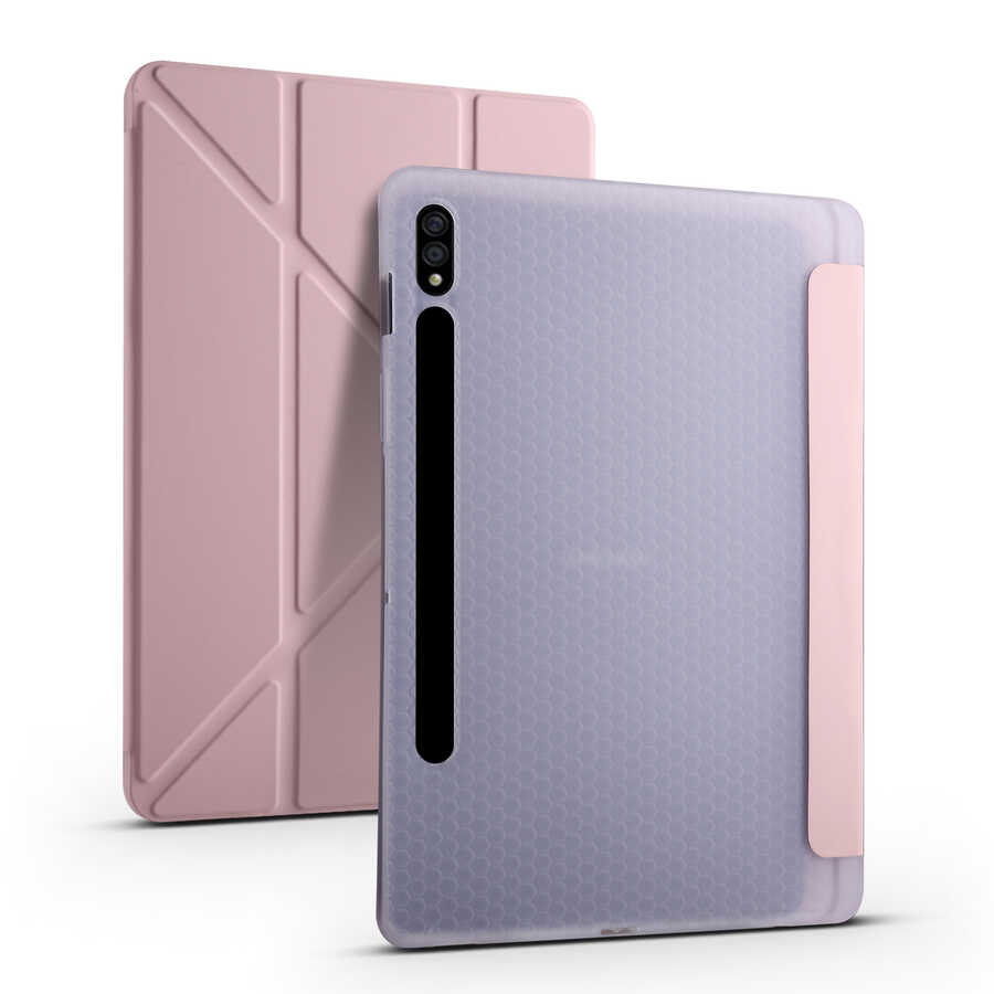Galaxy Uyumlu Tab S7 T870 Kılıf Zore Tri Folding Kalem Bölmeli Standlı Kılıf-Rose gold