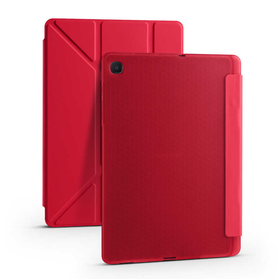Galaxy Uyumlu Tab S6 Lite P610 Kılıf Zore Tri Folding Kalem Bölmeli Standlı Kılıf-Kırmızı