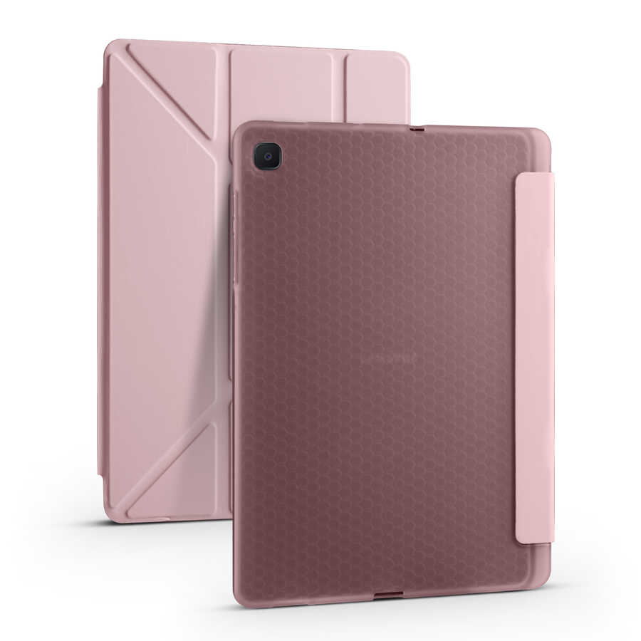 Galaxy Uyumlu Tab S6 Lite P610 Kılıf Zore Tri Folding Kalem Bölmeli Standlı Kılıf-Rose gold