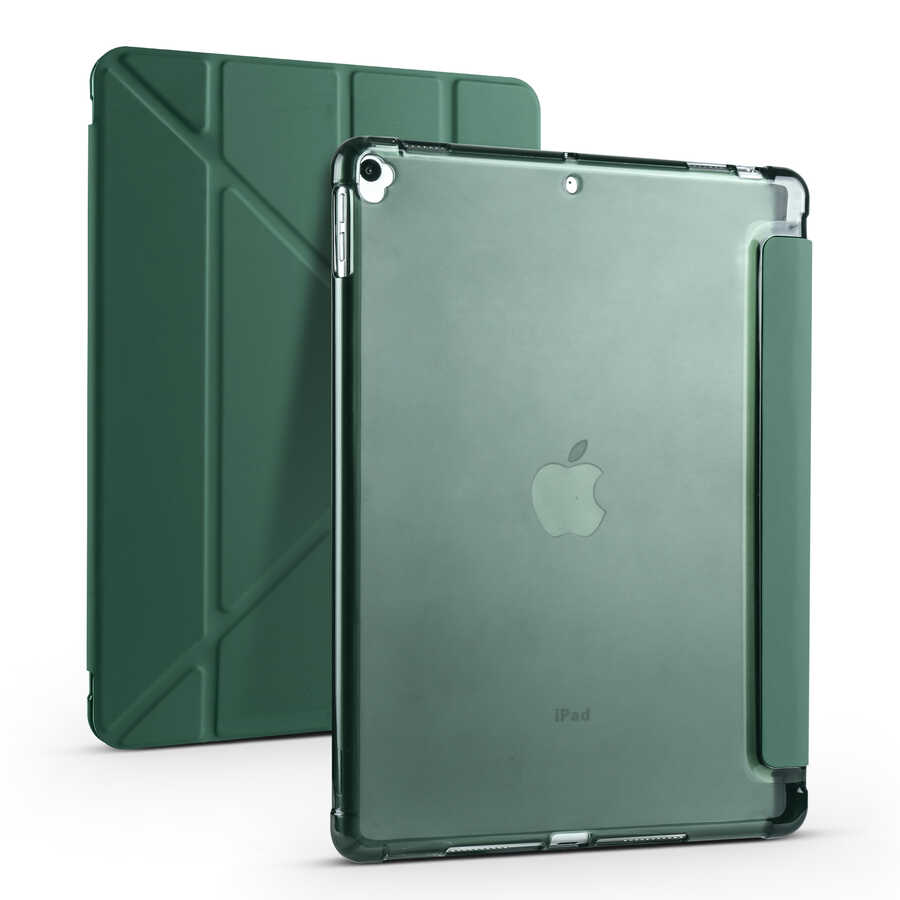 iPad Uyumlu Pro 10.5 (7.Nesil) Kılıf Zore Tri Folding Kalem Bölmeli Standlı Kılıf-Koyu yeşil