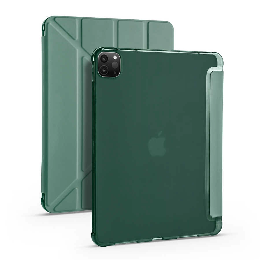 iPad Uyumlu Pro 11 2020 (2.Nesil) Kılıf Zore Tri Folding Kalem Bölmeli Standlı Kılıf-Koyu yeşil