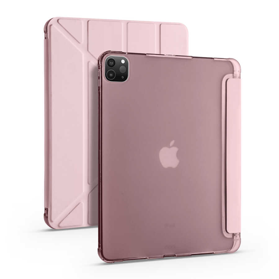 iPad Uyumlu Pro 11 2020 (2.Nesil) Kılıf Zore Tri Folding Kalem Bölmeli Standlı Kılıf-Rose gold