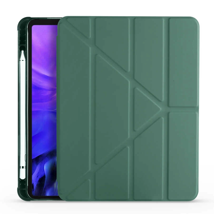iPad Uyumlu Air 10.9 2020 (4.Nesil) Kılıf Zore Tri Folding Kalem Bölmeli Standlı Kılıf-Koyu yeşil