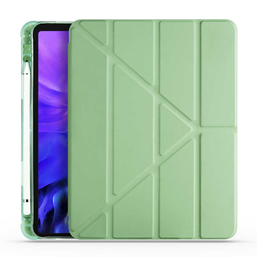 iPad Uyumlu Air 10.9 2020 (4.Nesil) Kılıf Zore Tri Folding Kalem Bölmeli Standlı Kılıf-Açık yeşil
