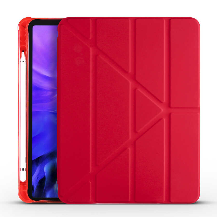 iPad Uyumlu Air 10.9 2020 (4.Nesil) Kılıf Zore Tri Folding Kalem Bölmeli Standlı Kılıf-Kırmızı