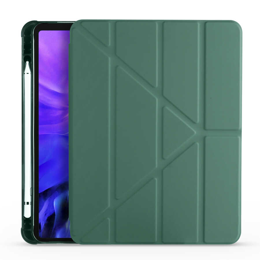 iPad Uyumlu Air 10.9 2020 (4.Nesil) Kılıf Zore Tri Folding Kalem Bölmeli Standlı Kılıf-Koyu yeşil