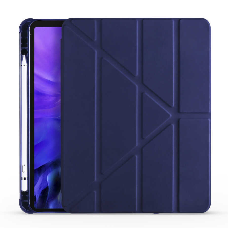 iPad Uyumlu Air 10.9 2020 (4.Nesil) Kılıf Zore Tri Folding Kalem Bölmeli Standlı Kılıf-Lacivert