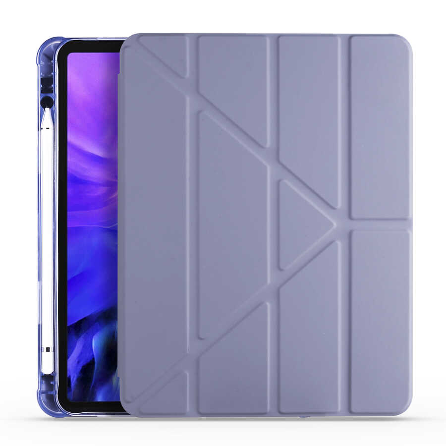 iPad Uyumlu Air 10.9 2020 (4.Nesil) Kılıf Zore Tri Folding Kalem Bölmeli Standlı Kılıf-Mor