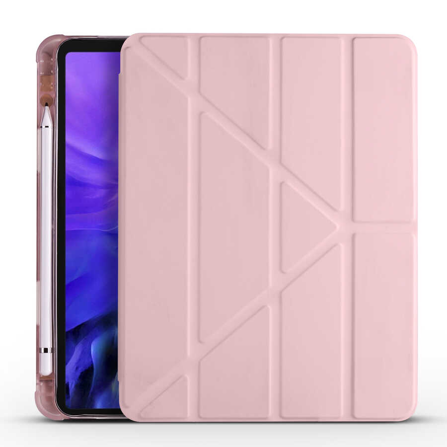 iPad Uyumlu Air 10.9 2020 (4.Nesil) Kılıf Zore Tri Folding Kalem Bölmeli Standlı Kılıf-Rose gold