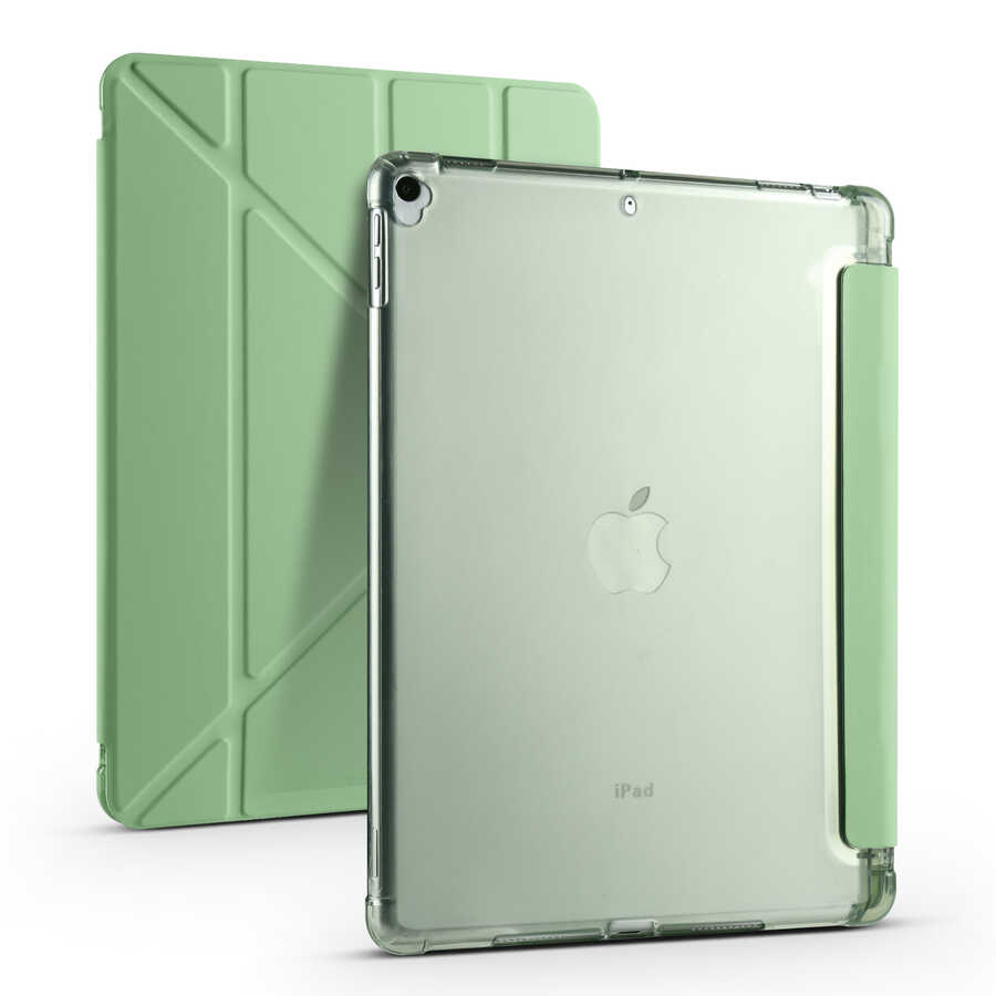 iPad Uyumlu 10.2 2021 (9.Nesil) Kılıf Zore Tri Folding Kalem Bölmeli Standlı Kılıf-Açık yeşil