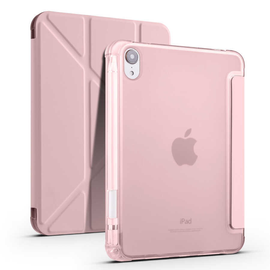 iPad Uyumlu Mini 2021 (6.Nesil) Kılıf Zore Tri Folding Kalem Bölmeli Standlı Kılıf-Rose gold
