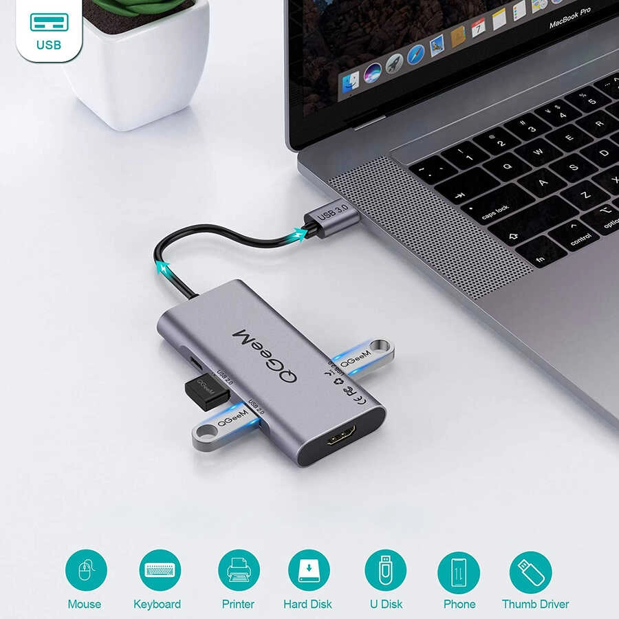 Qgeem QG-UH07-A Type-C Çoğaltıcı ve Dönüştürücü Hub Usb 3.0 HDMI 4K SD Kart 85W 5120Mbps