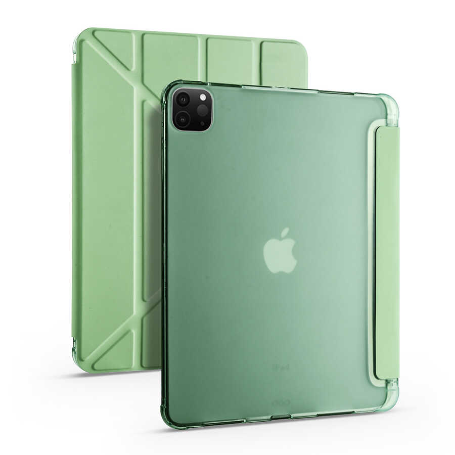 iPad Uyumlu Pro 12.9 2021 (5.Nesil) Kılıf Zore Tri Folding Kalem Bölmeli Standlı Kılıf-Açık yeşil