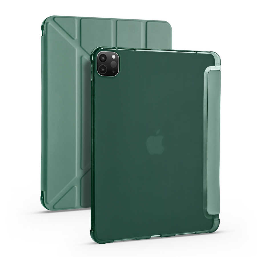 iPad Uyumlu Pro 12.9 2021 (5.Nesil) Kılıf Zore Tri Folding Kalem Bölmeli Standlı Kılıf-Koyu yeşil