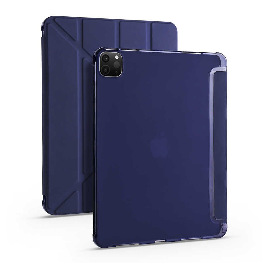 iPad Uyumlu Pro 12.9 2021 (5.Nesil) Kılıf Zore Tri Folding Kalem Bölmeli Standlı Kılıf-Lacivert