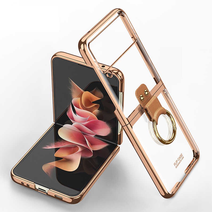 Galaxy Uyumlu Z Flip 3 Kılıf Zore Yüzüklü Kıpta Kapak-Gold
