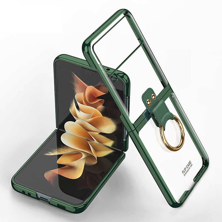 Galaxy Uyumlu Z Flip 3 Kılıf Zore Yüzüklü Kıpta Kapak-Koyu yeşil
