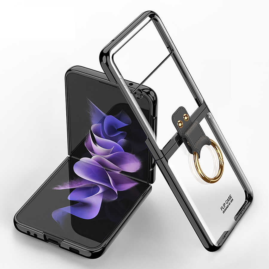 Galaxy Uyumlu Z Flip 3 Kılıf Zore Yüzüklü Kıpta Kapak-Siyah