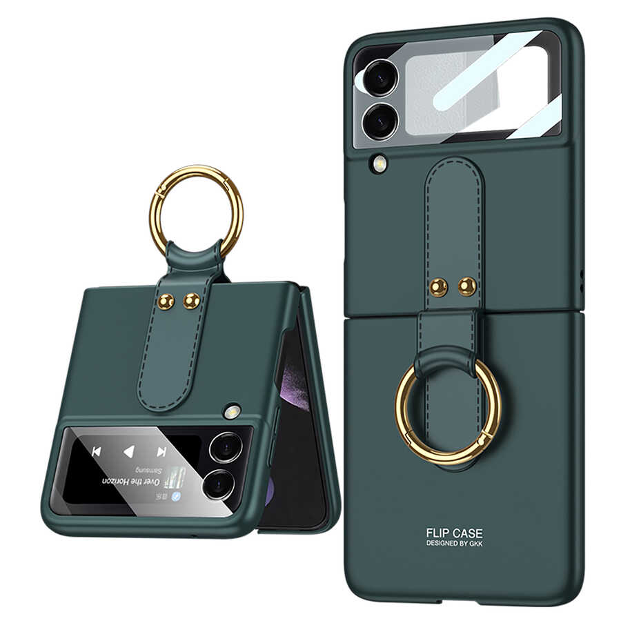 Galaxy Uyumlu Z Flip 3 Kılıf Zore Flip Ring Kıpta Kapak-Koyu yeşil