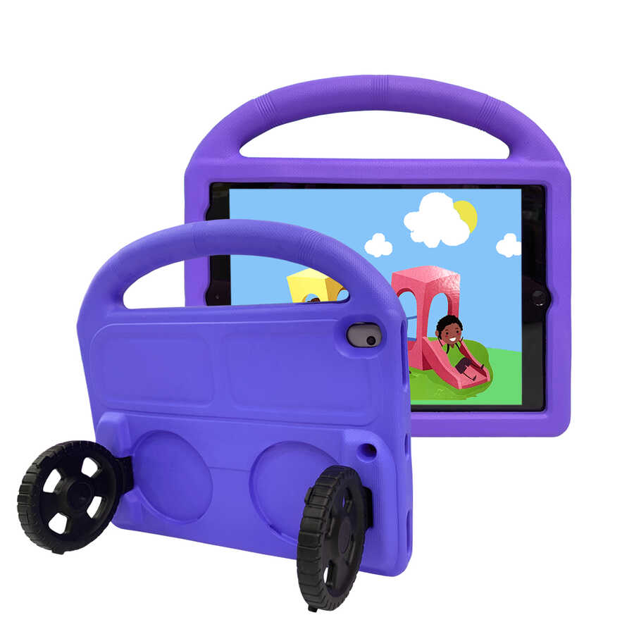 iPad Uyumlu 10.2 (8.Nesil) Zore Wheel Araç Tekerlek Standlı Tablet Eva Silikon Kılıf-Mor