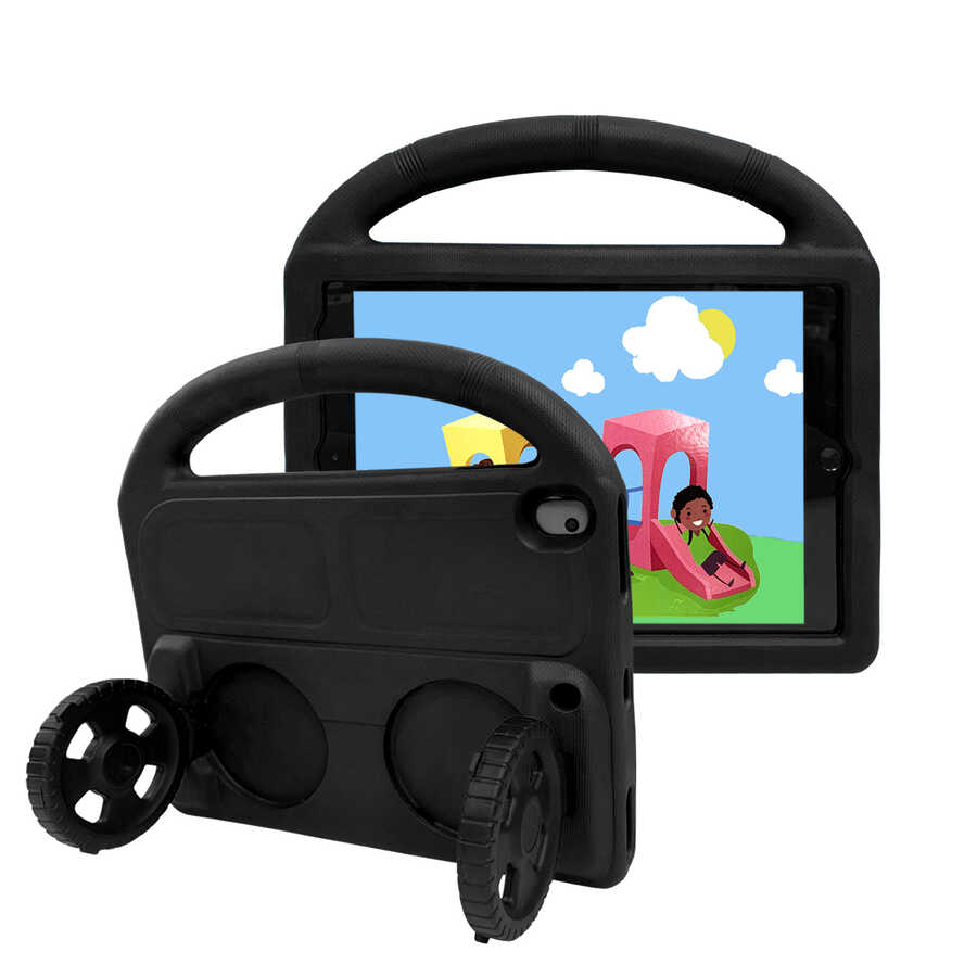 iPad Uyumlu 10.2 (9.Nesil) Zore Wheel Araç Tekerlek Standlı Tablet Eva Silikon Kılıf-Siyah