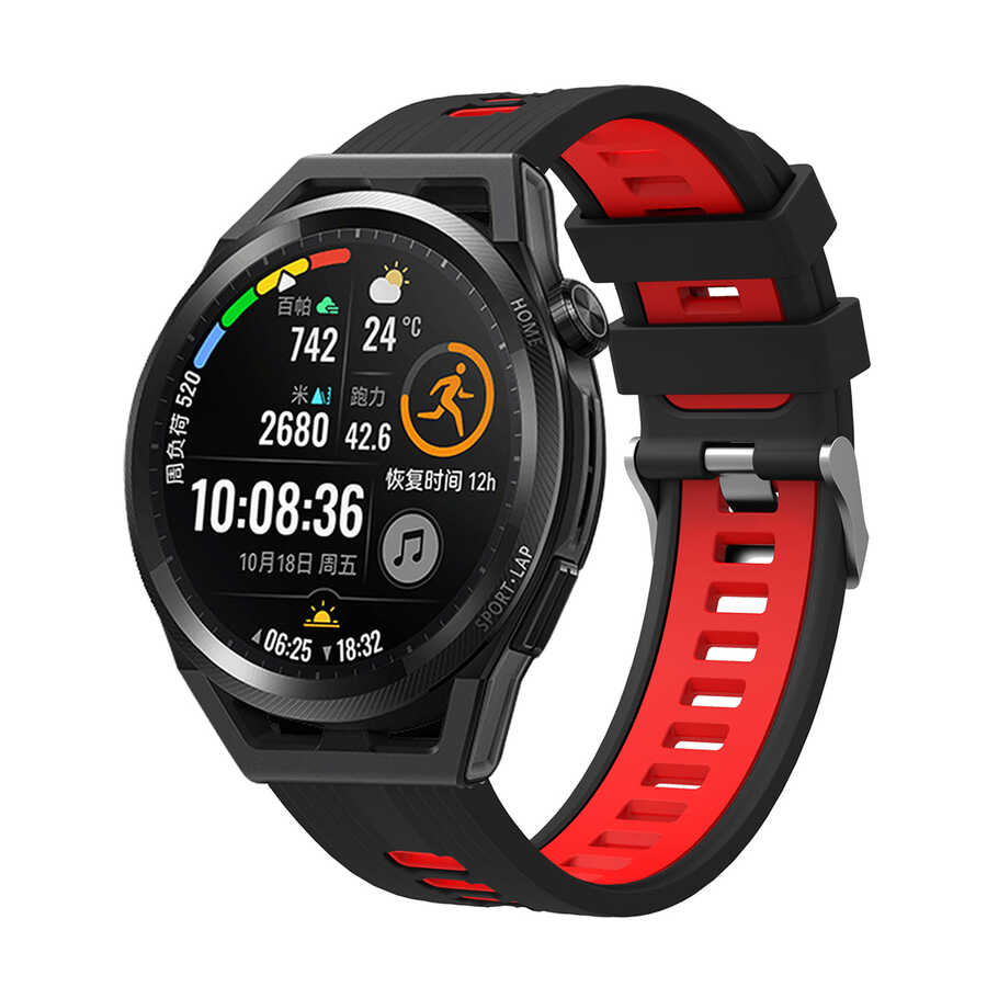 Huawei Uyumlu GT2 42mm KRD-55 Silikon Kordon-Siyah-kırmızı