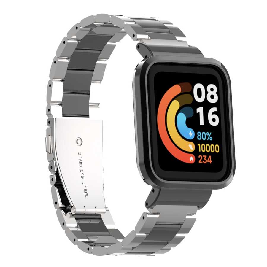 Xiaomi Uyumlu  Redmi Watch (Mi Watch Lite) Zore KRD-60 Metal Kordon-Gümüş-siyah