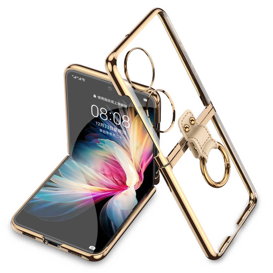 Huawei Uyumlu P50 Pocket Kılıf Zore Yüzüklü Kıpta Kapak-Gold