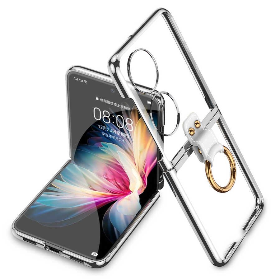 Huawei Uyumlu P50 Pocket Kılıf Zore Yüzüklü Kıpta Kapak-Gümüş