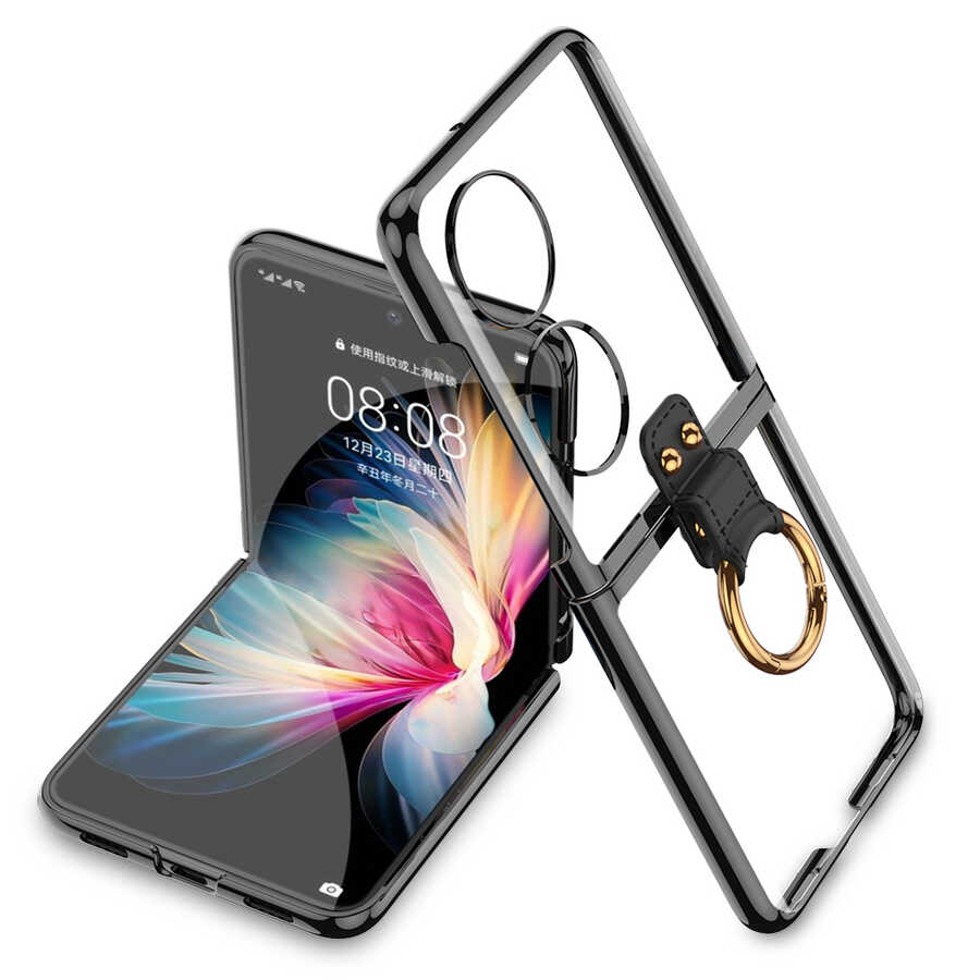 Huawei Uyumlu P50 Pocket Kılıf Zore Yüzüklü Kıpta Kapak-Siyah