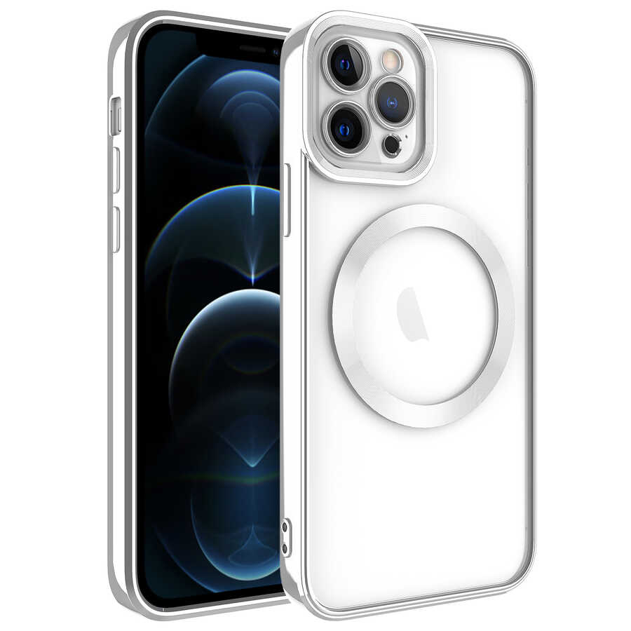 iPhone Uyumlu 11 Pro Max Kılıf M-safe Wireless Şarj Özellikli Zore Setro Silikon-Gümüş