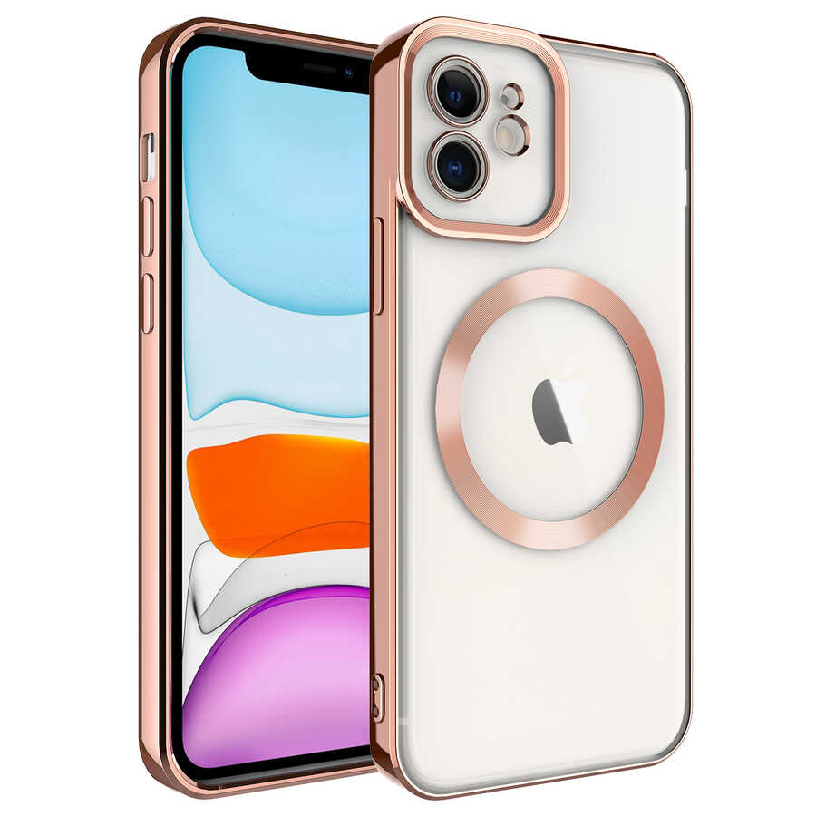 iPhone Uyumlu 12 Kılıf M-safe Wireless Şarj Özellikli Zore Setro Silikon-Rose gold