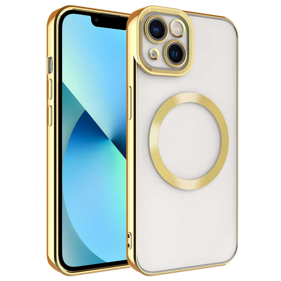 iPhone Uyumlu 13 Kılıf M-safe Wireless Şarj Özellikli Zore Setro Silikon-Gold
