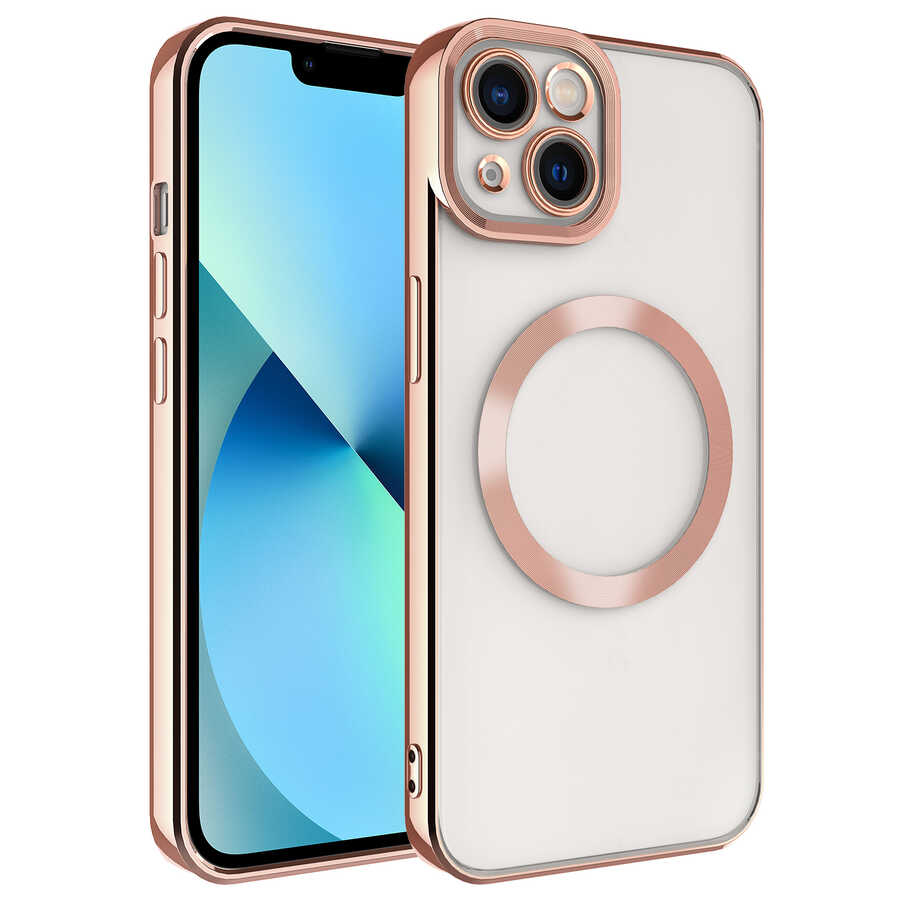 iPhone Uyumlu 13 Kılıf M-safe Wireless Şarj Özellikli Zore Setro Silikon-Rose gold