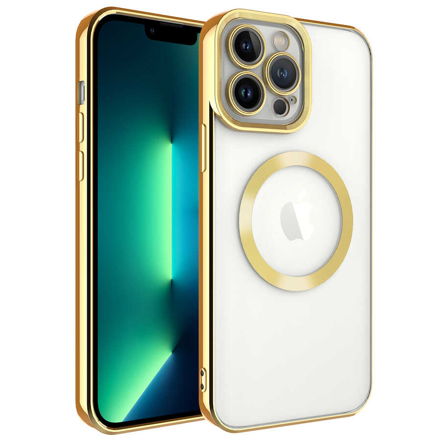 iPhone Uyumlu 13 Pro Kılıf M-safe Wireless Şarj Özellikli Zore Setro Silikon-Gold