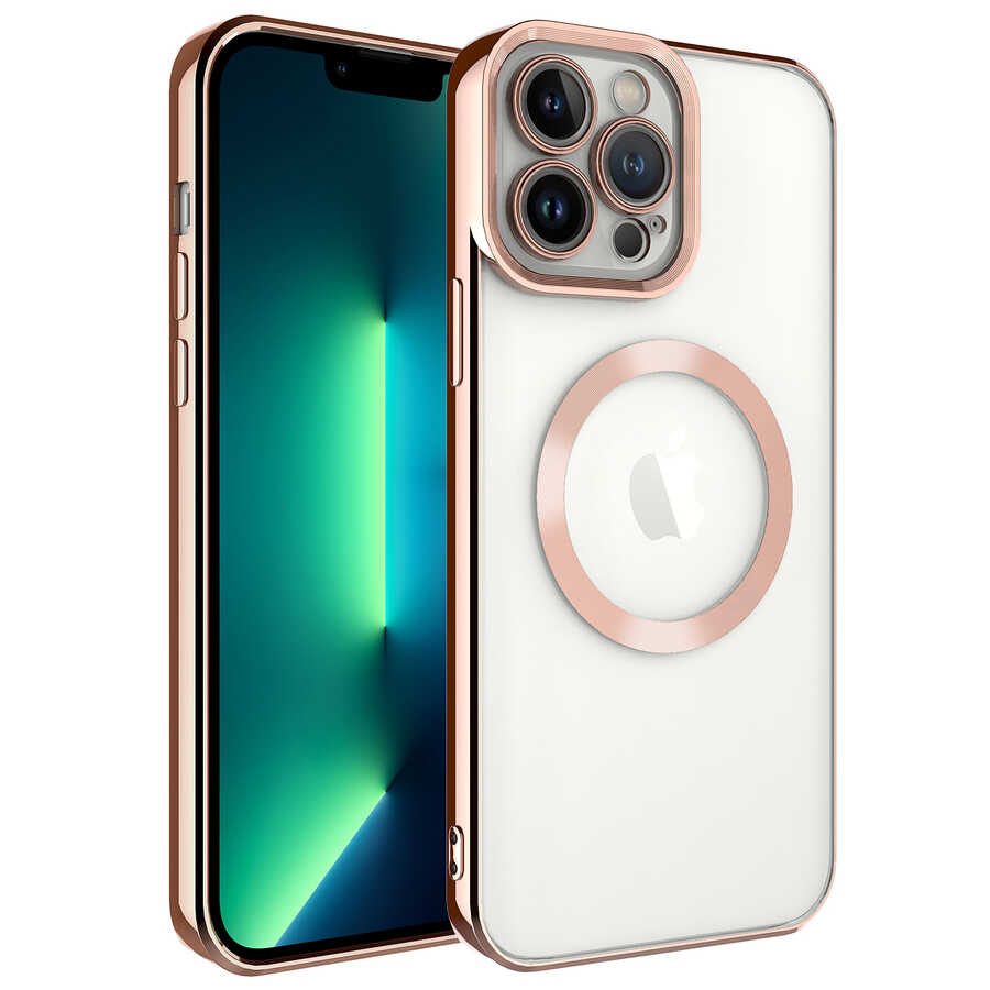 iPhone Uyumlu 13 Pro Kılıf M-safe Wireless Şarj Özellikli Zore Setro Silikon-Rose gold