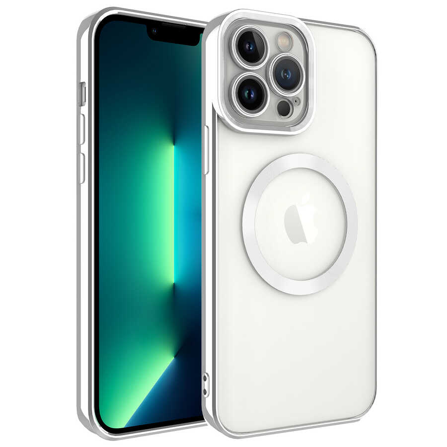 iPhone Uyumlu 13 Pro Max Kılıf M-safe Wireless Şarj Özellikli Zore Setro Silikon-Gümüş