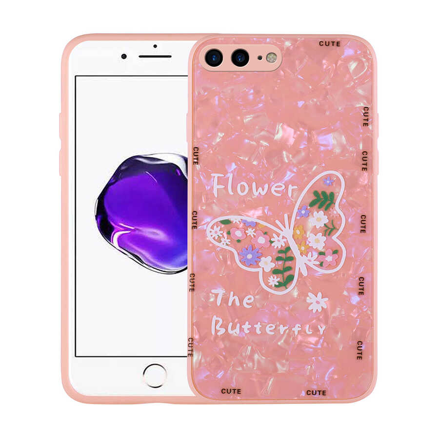 iPhone Uyumlu 8 Plus Kılıf Desenli Sert Silikon Zore Mumila Kapak-Pink flower