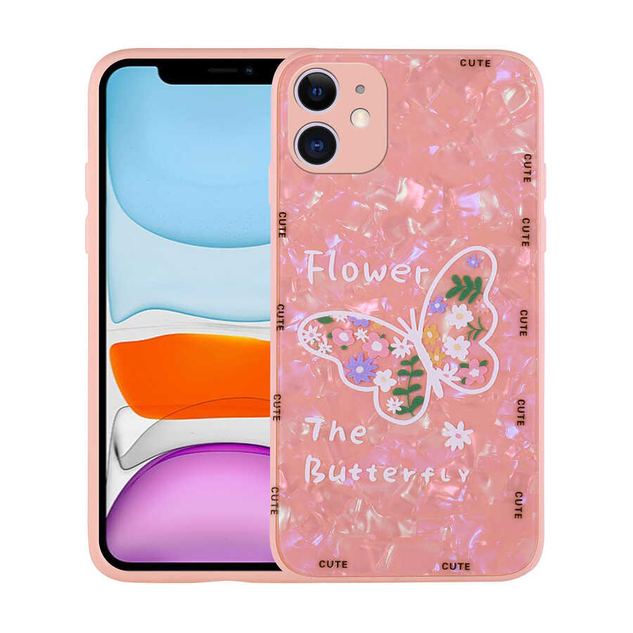 iPhone Uyumlu 12 Kılıf Desenli Sert Silikon Zore Mumila Kapak-Pink flower