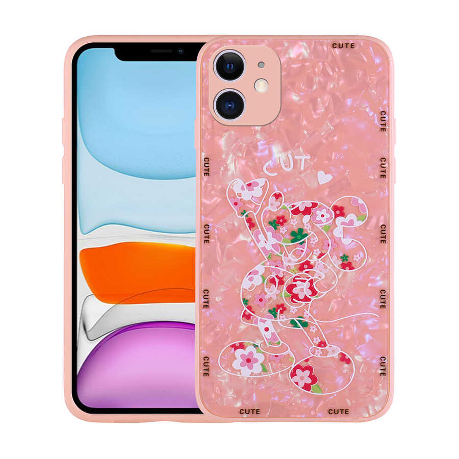 iPhone Uyumlu 12 Kılıf Desenli Sert Silikon Zore Mumila Kapak-Pink mouse
