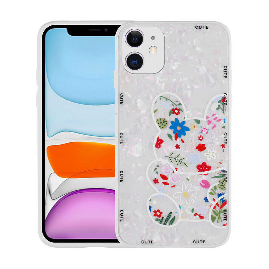 iPhone Uyumlu 12 Kılıf Desenli Sert Silikon Zore Mumila Kapak-White rabbit