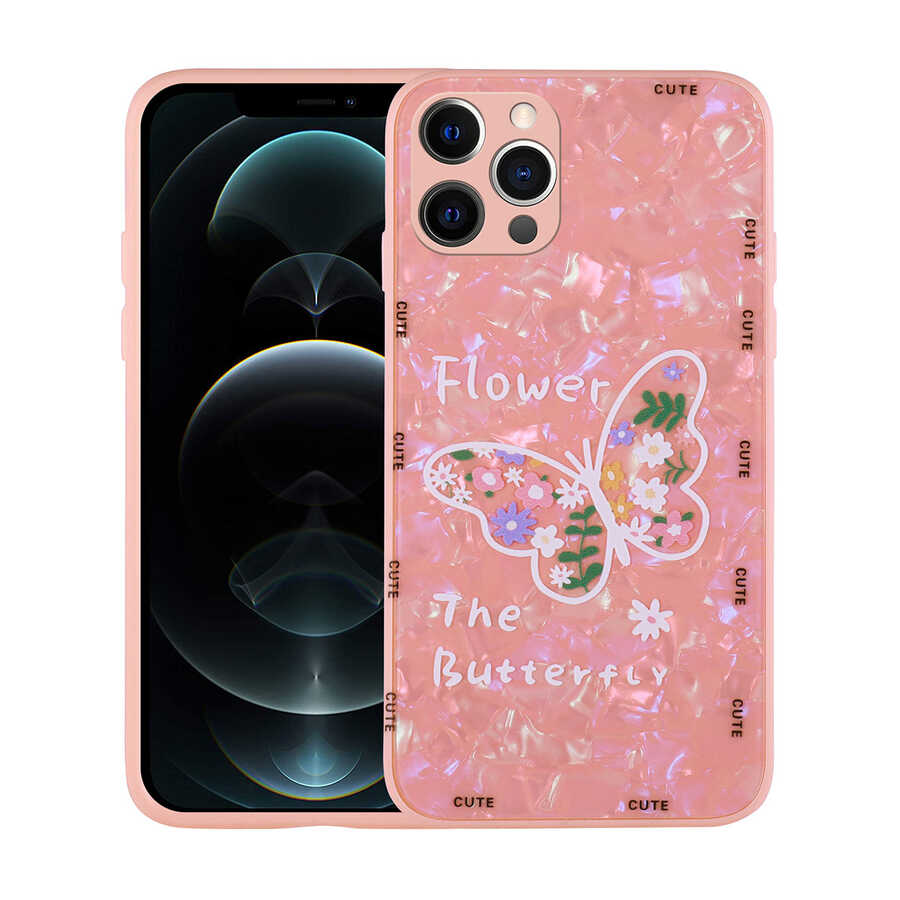 iPhone Uyumlu 12 Pro Kılıf Desenli Sert Silikon Zore Mumila Kapak-Pink flower