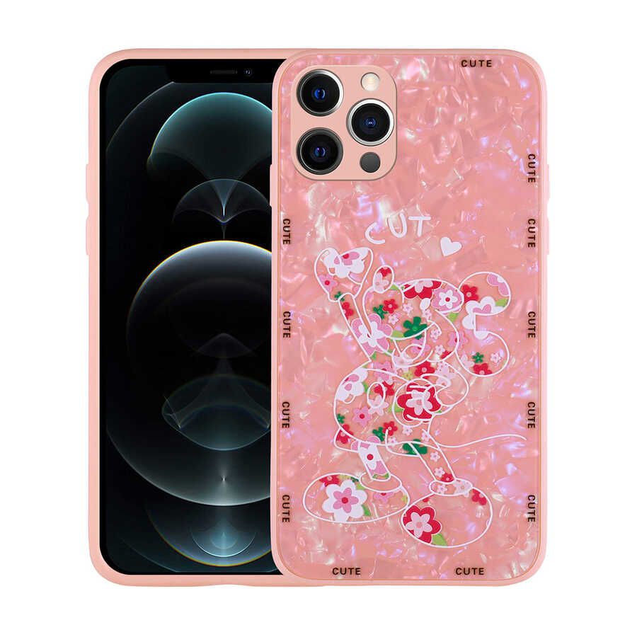 iPhone Uyumlu 12 Pro Max Kılıf Desenli Sert Silikon Zore Mumila Kapak-Pink mouse