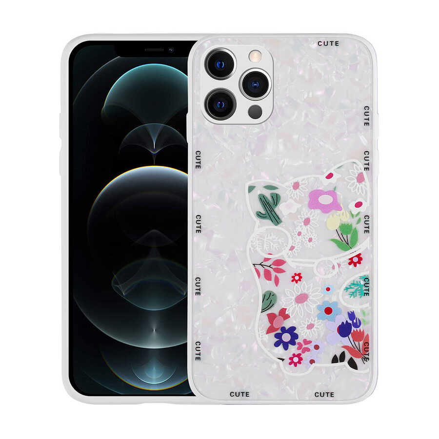 iPhone Uyumlu 13 Pro Kılıf Desenli Sert Silikon Zore Mumila Kapak-White cat