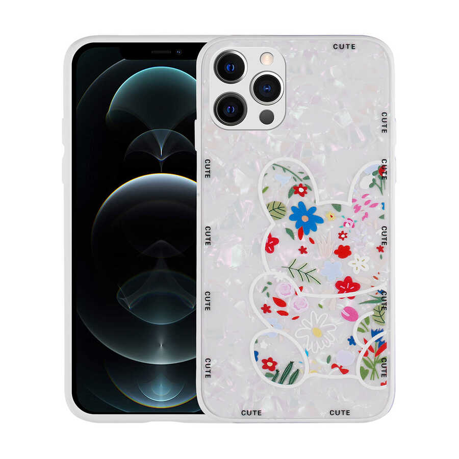 iPhone Uyumlu 13 Pro Kılıf Desenli Sert Silikon Zore Mumila Kapak-White rabbit